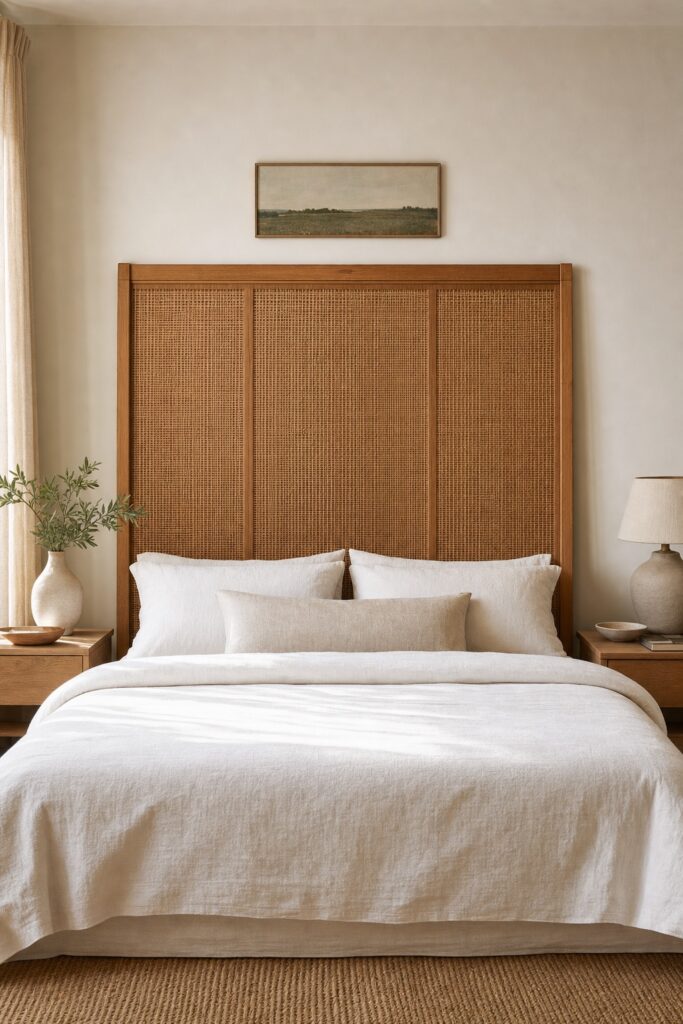 Tall cane statement headboard with a single small artwork above it so the wall reads as one focal point