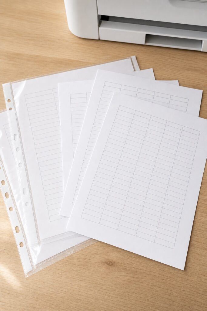 Five structured blank forms with empty tables and grids in sheet protectors beside the edge of a printer