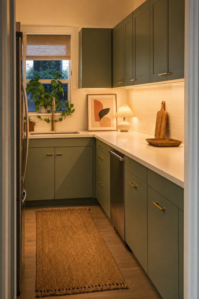 Finished rental kitchen makeover styled with a runner rug, leaned art print, plant, and mostly empty counters in warm light