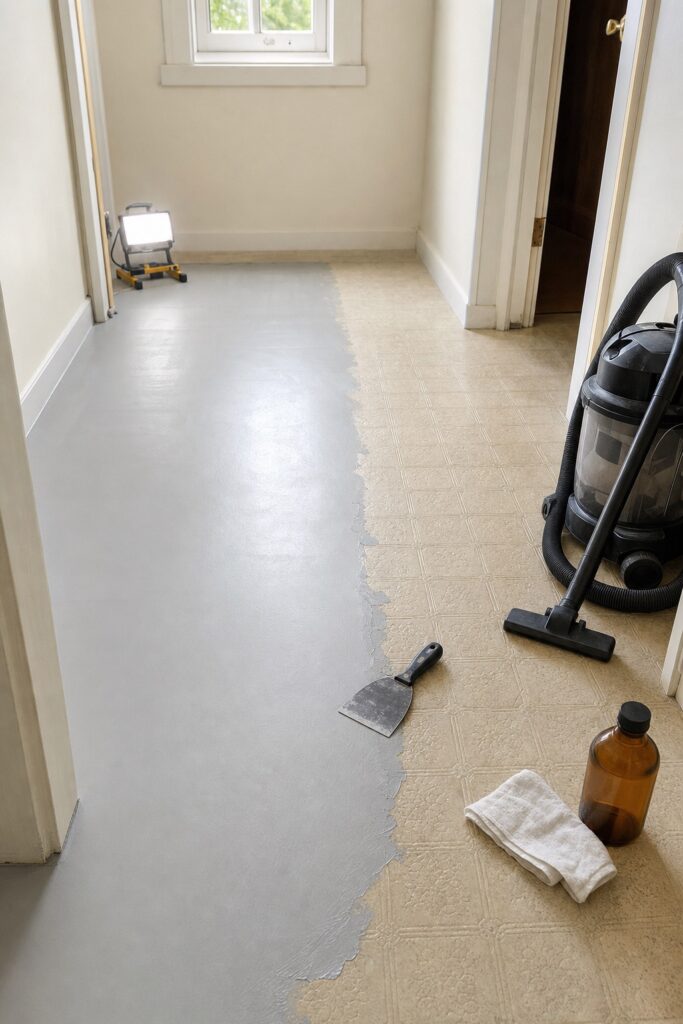 Old sheet vinyl floor mid preparation with one area skimmed smooth, a vacuum and cleaning supplies staged before laying new tile