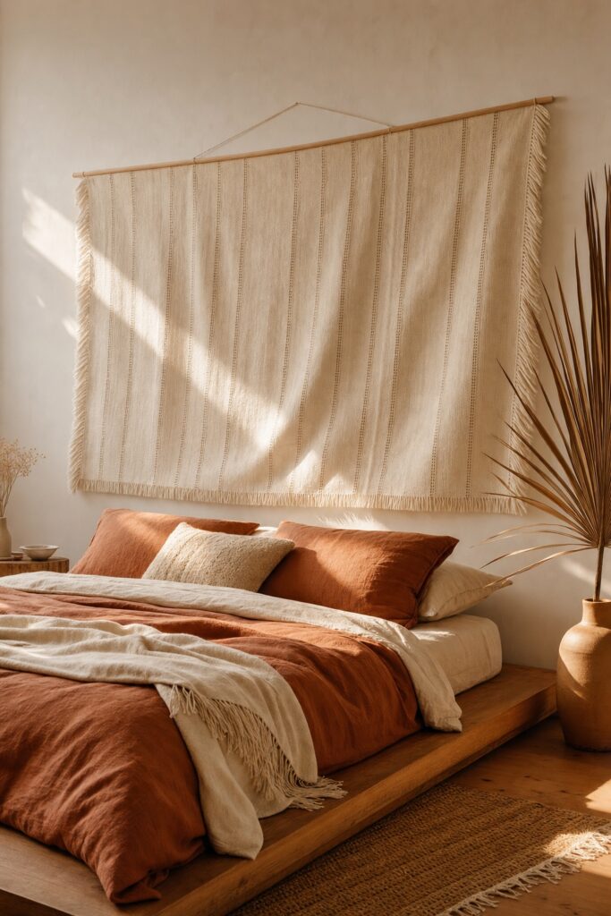 Wide woven tapestry hanging from a thin wooden dowel above a bed at about two thirds of the bed's width