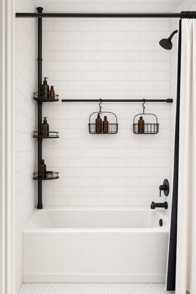 Floor to ceiling tension caddy in a shower corner with a few bottles and a tension rod across the back wall holding hanging baskets