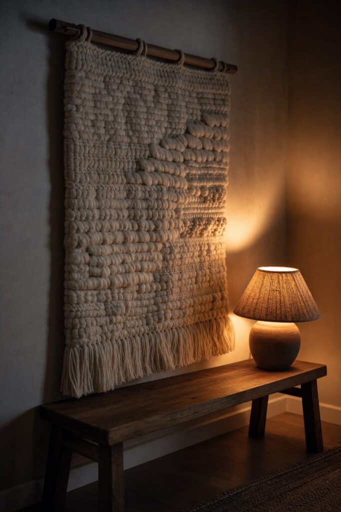 Woven wall hanging above a bench at dusk with lamplight raking across its texture and casting soft relief shadows