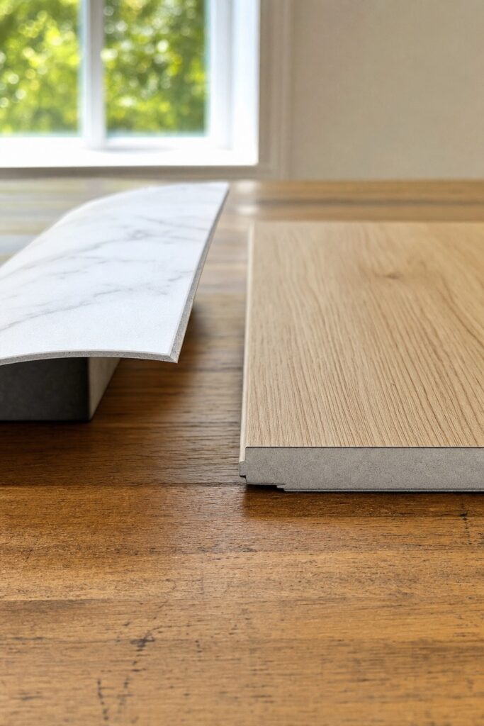 Thin flexible vinyl tile bending in a curve next to a thick rigid floor tile lying flat on a wood surface