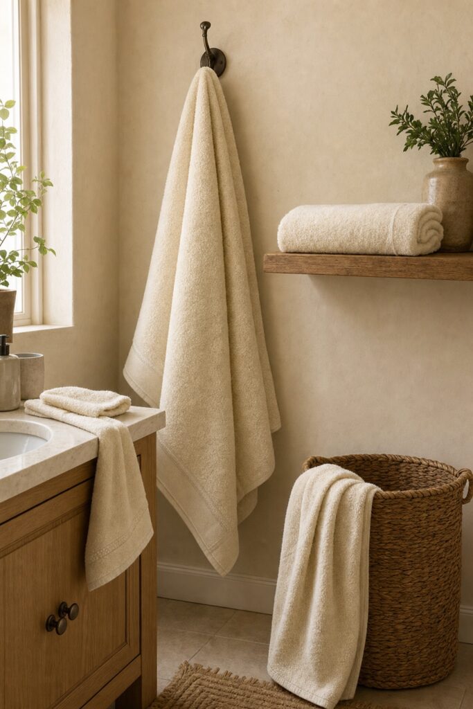 Three cream bath towels shown as a rotation: one hanging on a hook, one folded on a shelf, one in a laundry basket