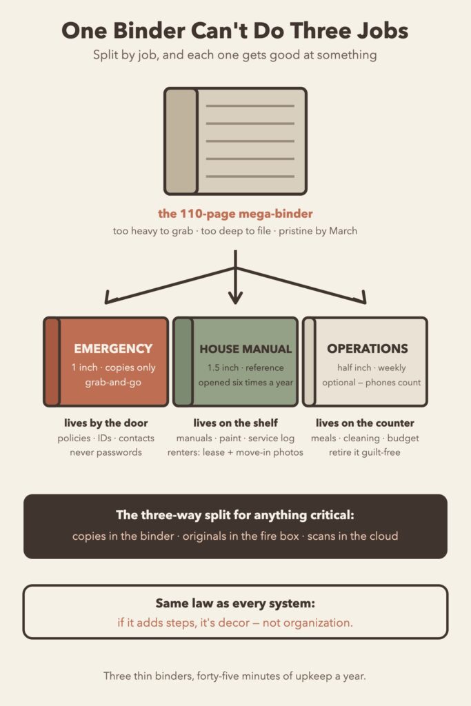 Diagram showing one overloaded mega binder split into three thin binders: emergency by the door, house manual on the shelf, weekly operations on the counter