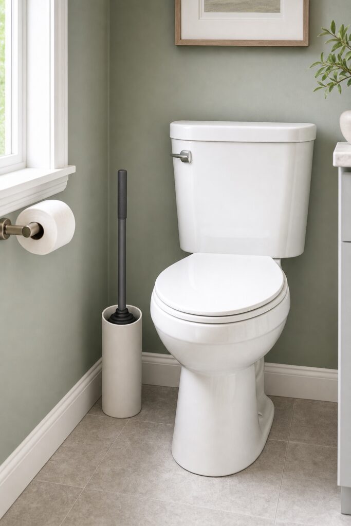 Beehive-shaped toilet plunger standing in a holder beside a clean apartment toilet