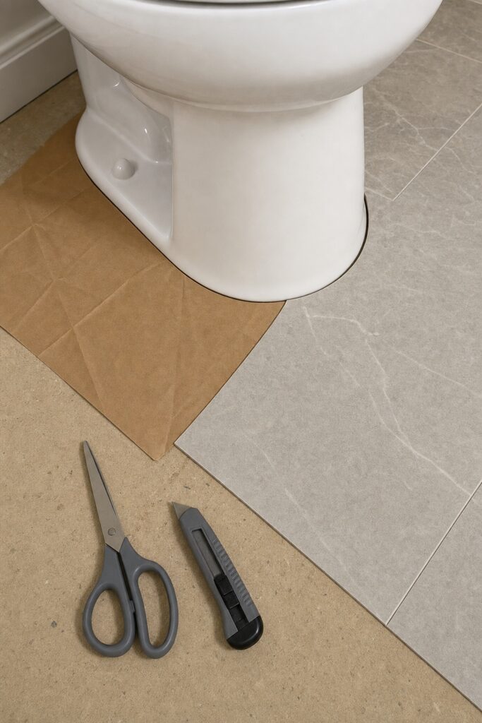 Kraft paper template creased around a toilet base beside a vinyl tile cut to match the curve with scissors resting nearby
