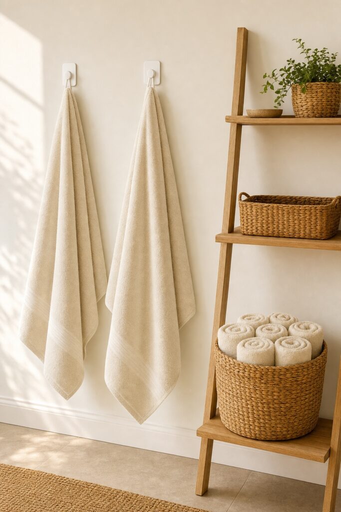Bath towels drying one per hook beside a ladder shelf whose low tier holds a basket of rolled clean towels
