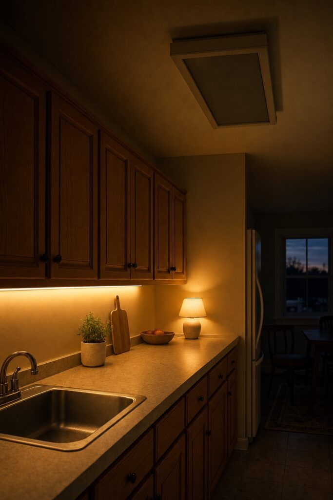 Warm under-cabinet light strip glowing over a rental kitchen counter with a small plug-in lamp while the ceiling fluorescent stays off