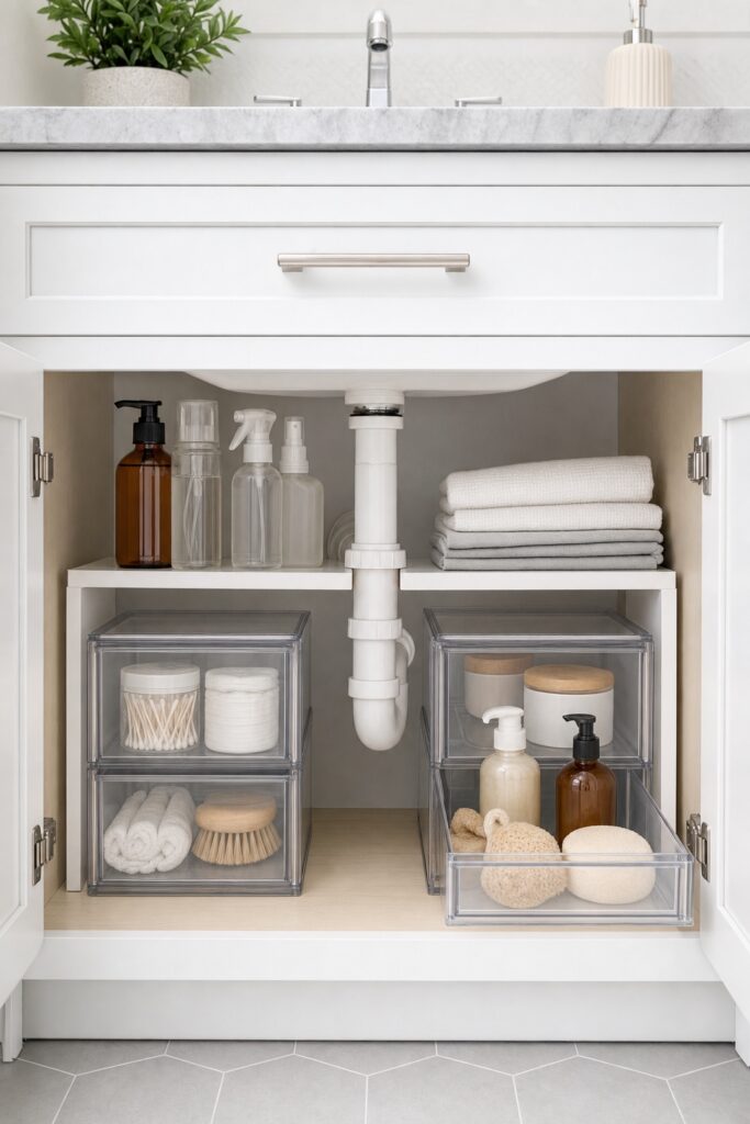 Open bathroom vanity with two low stacking drawers on either side of the P trap and a riser shelf above the pipe
