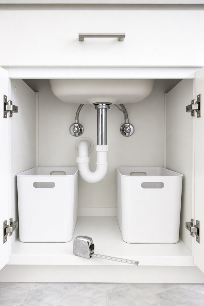 Open under-sink bathroom cabinet showing the P-trap pipe with low flat storage bins fitted around it and a tape measure