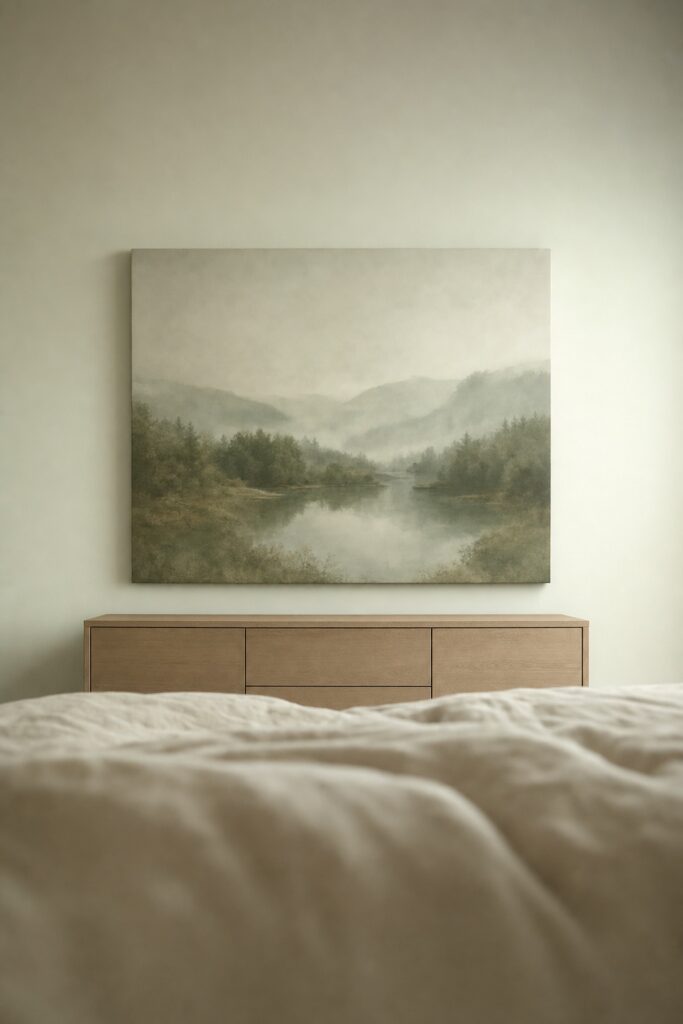 View from the bed toward the facing wall holding one large muted landscape canvas hung slightly low for the reclining sightline