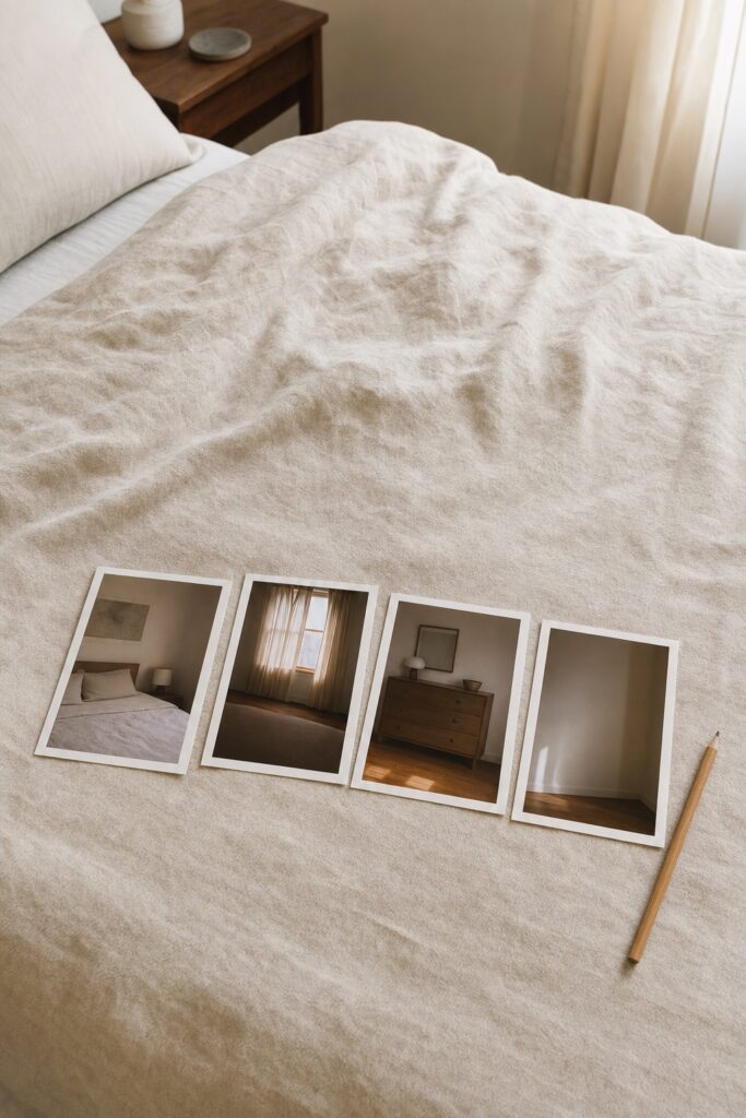 Four printed photos of bedroom walls laid out on a bed with a pencil during the wall assignment exercise