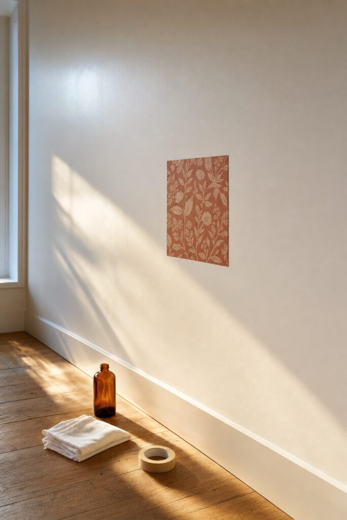Smooth satin-finish wall in raking light with a small wallpaper test patch and cleaning supplies ready on the floor