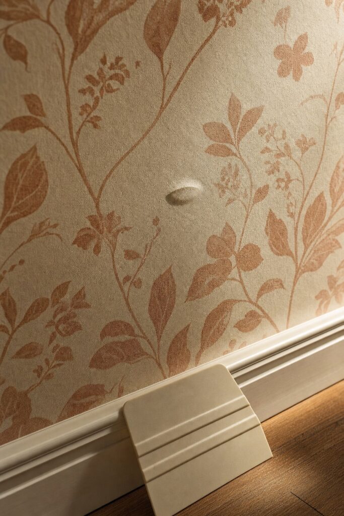 Raking light revealing a single small air bubble under peel and stick wallpaper with a smoothing tool resting nearby