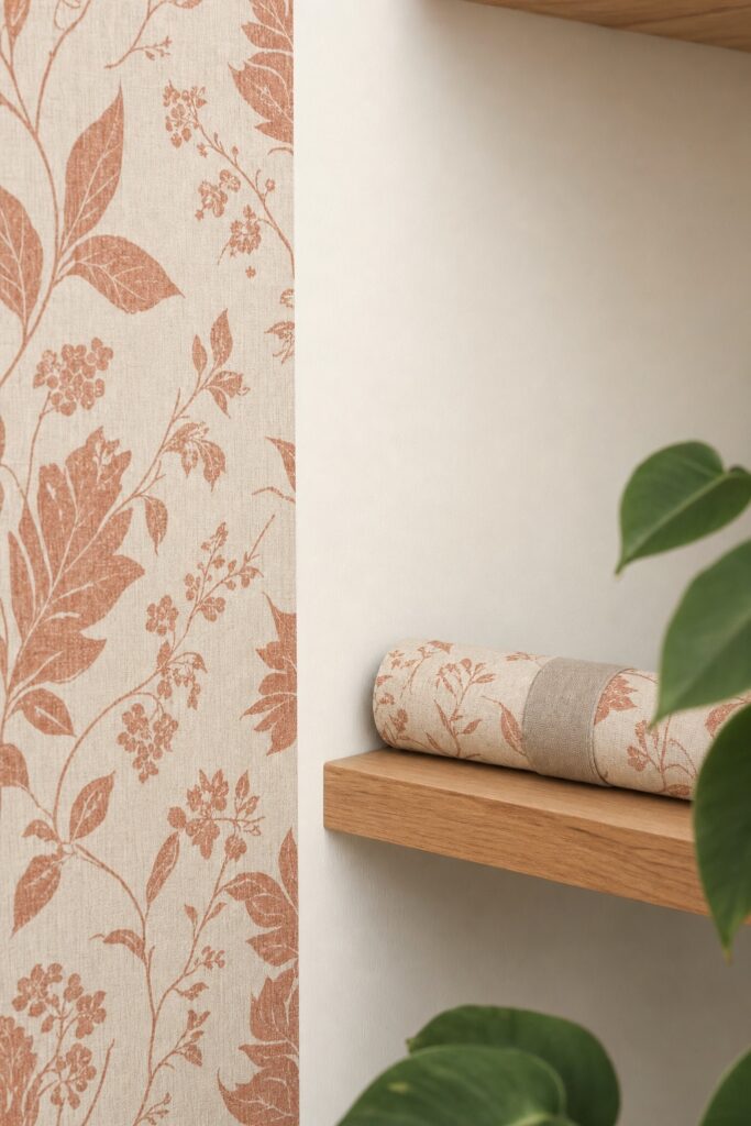 Crisp corner edge of installed peel and stick wallpaper with a leftover roll stored flat on a shelf nearby