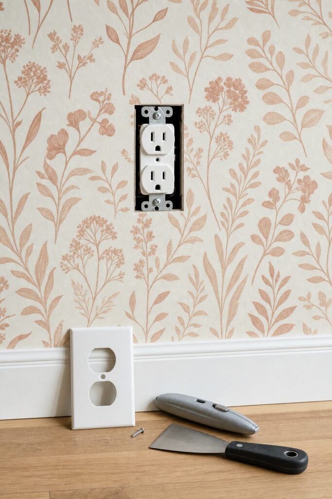 Wallpapered wall with a neatly cut opening around a US outlet box, cover plate and utility knife resting nearby