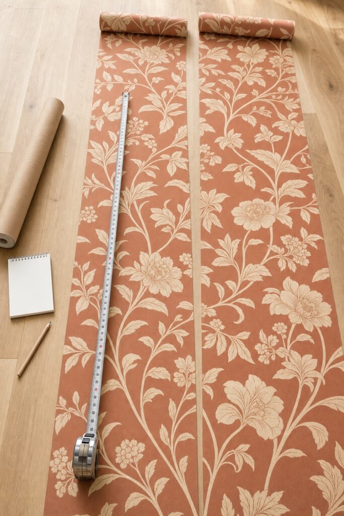 Two unrolled peel and stick wallpaper strips side by side showing the pattern repeat offset with a tape measure and pencil nearby