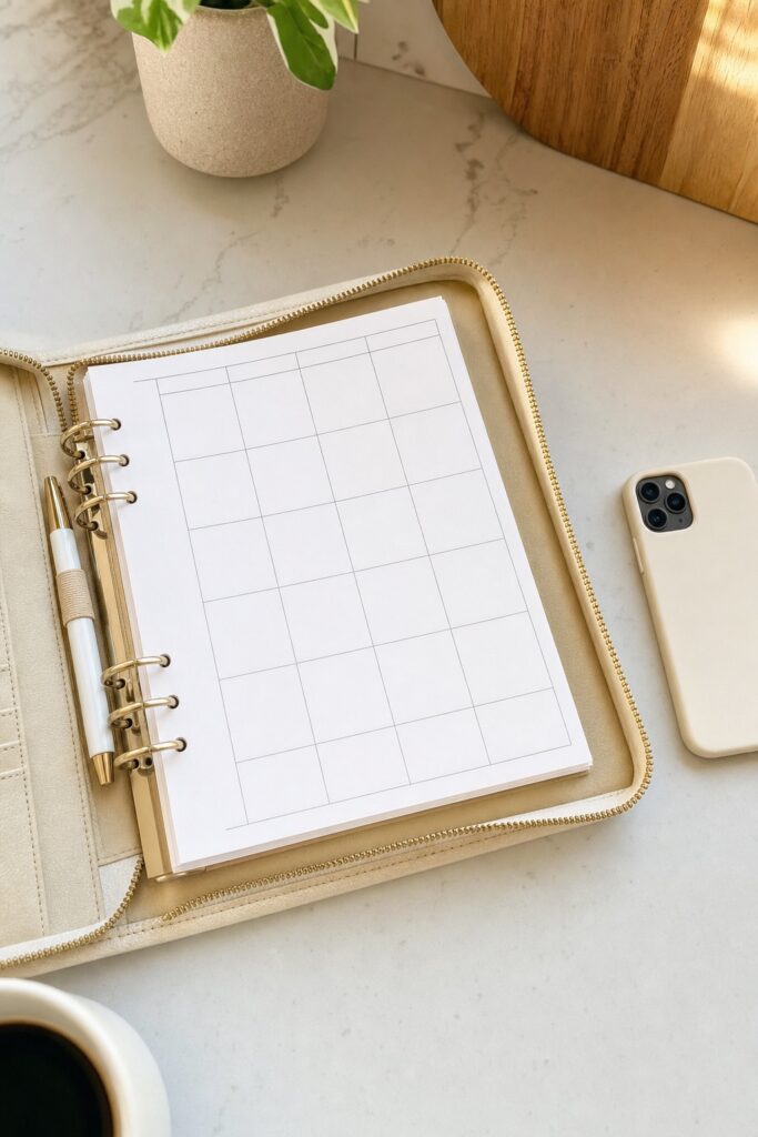 Cream weekly operations binder open to a blank grid page on a kitchen counter with a phone lying face down beside it