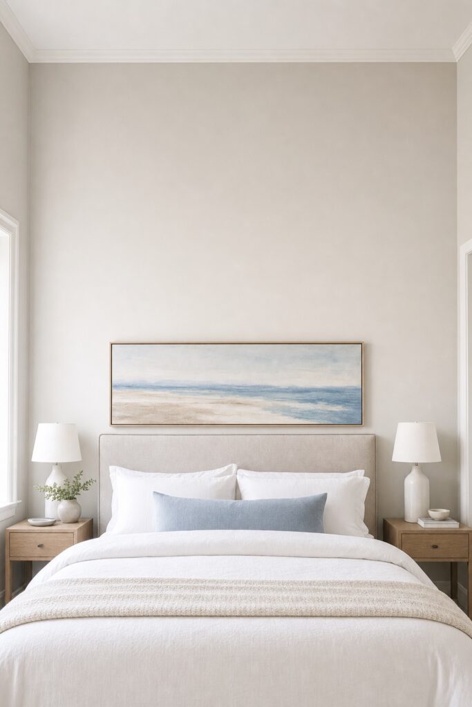 Bed against a wall showing the wide short band between headboard and ceiling holding one long horizontal artwork