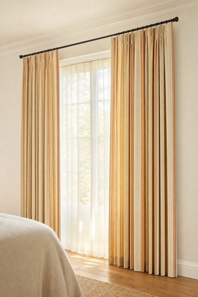 Bedroom window wall with curtains hung near the ceiling on a rod wider than the window so the panels stack on the wall