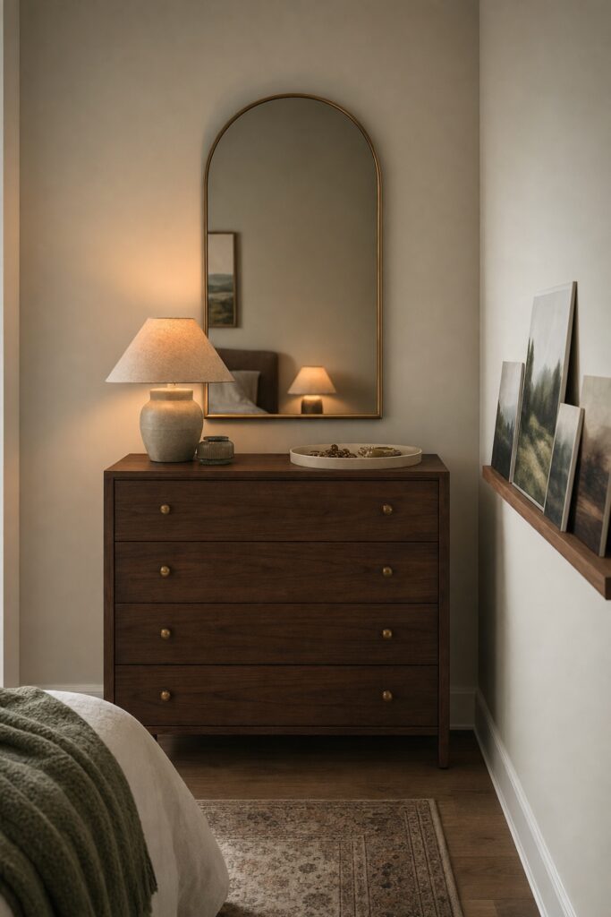 Working wall with a mirror hung just above the dresser and a picture ledge holding soft photo prints beside it