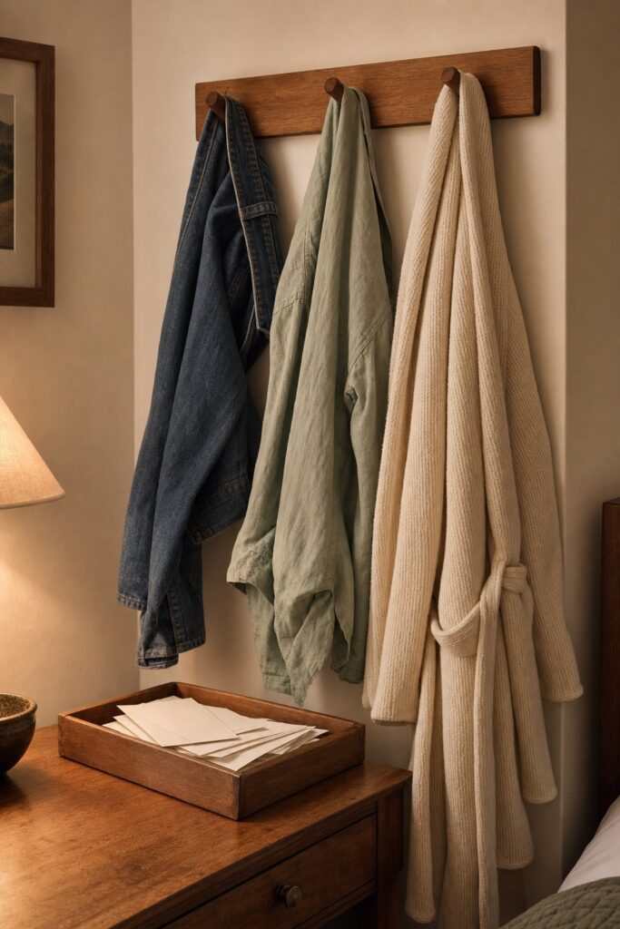 Bedroom hook rail holding clothes on hooks beside a single paper inbox tray with mail in a calm room