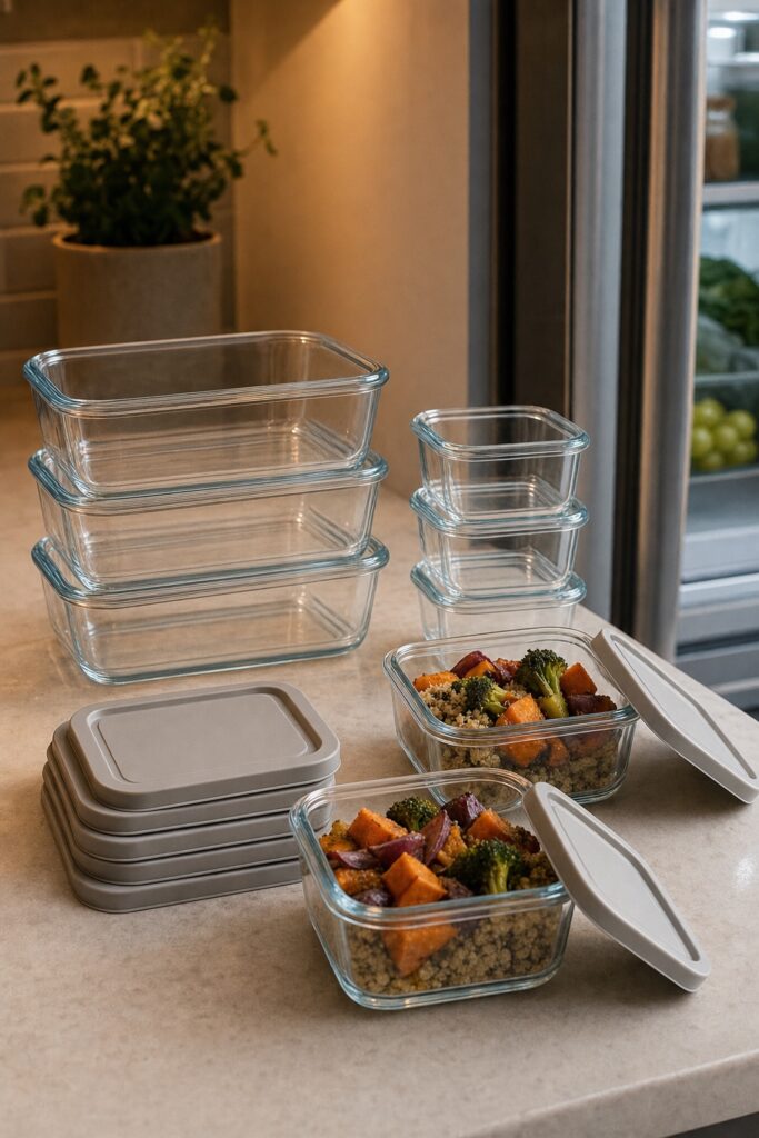 Glass food containers grouped with stacks of lids and two filled containers on a counter