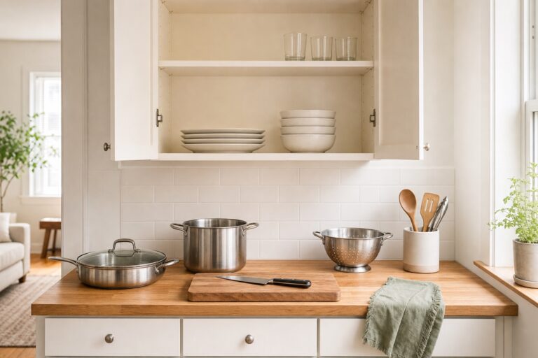 Apartment kitchen organization with dishes in an open upper cabinet and a compact cooking kit on the counter