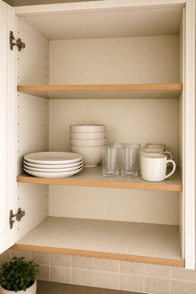 Everyday plates, bowls, glasses, and mugs grouped on an accessible cabinet shelf