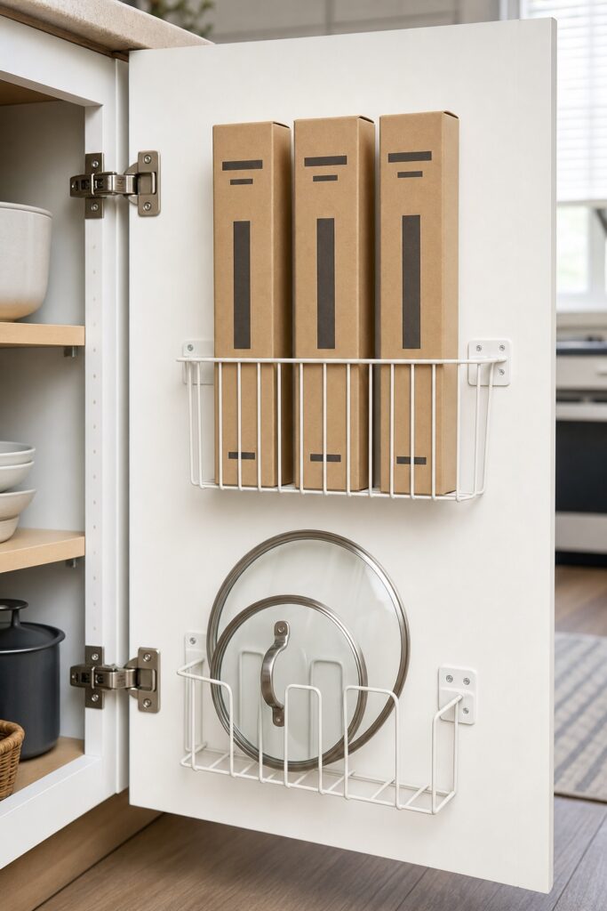 Open cabinet door with wire racks holding wrap boxes and a saucepan lid