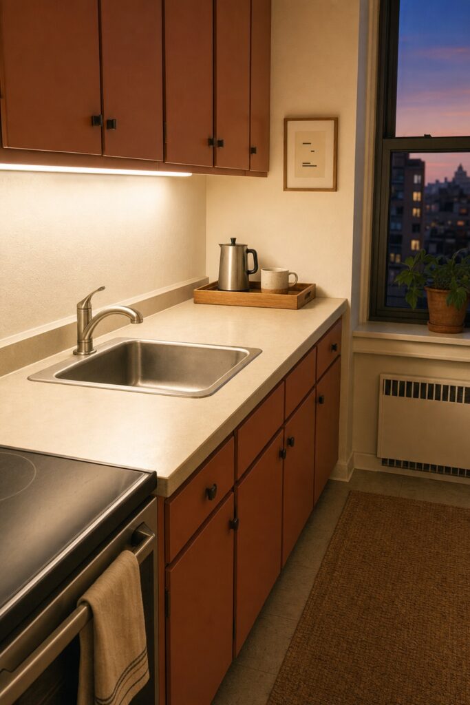 Clear kitchen counter and empty sink with a small kettle tray at the far end