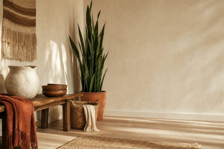 Boho room with a narrow warm palette handmade objects natural materials and clear empty wall space