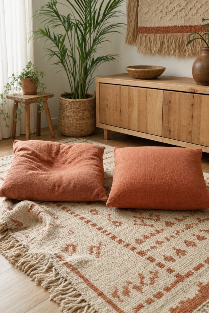 A flattened well used boho floor cushion beside a plump unused one on a living room rug