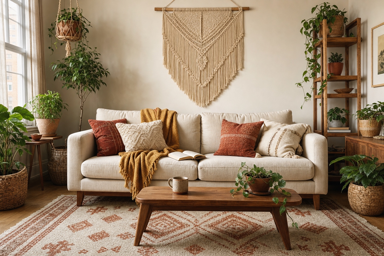 Boho living room with a sturdy cream sofa, flatweave rug, layered pillows and a macrame hanging high on the wall