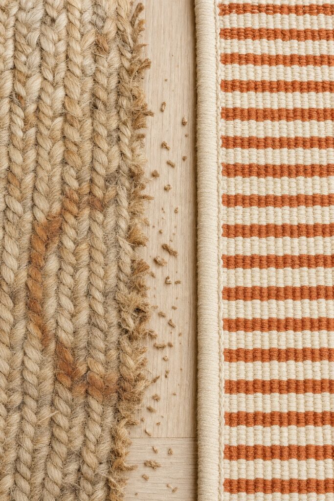 Close-up comparing a frayed shedding jute rug edge with a smooth flatweave cotton rug edge