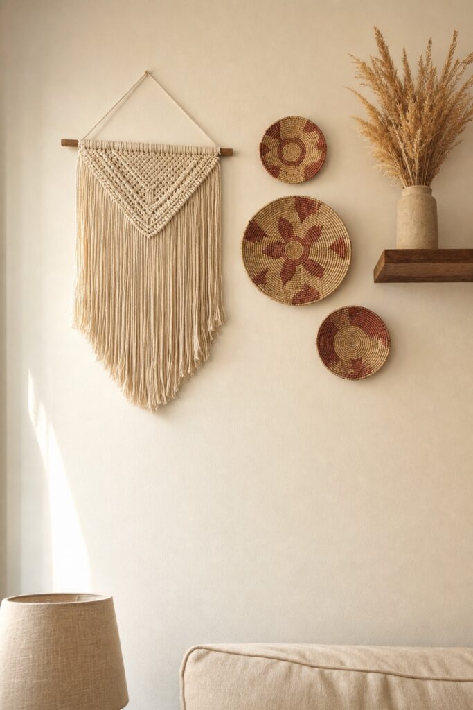 High living room wall above head height holding a macrame hanging woven baskets and dried stems