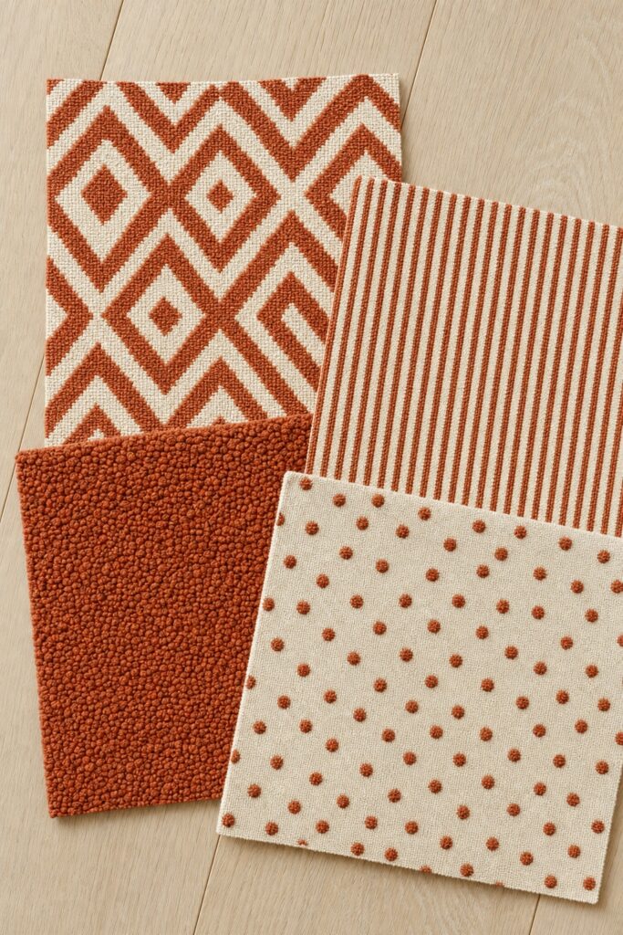 Four different boho patterns in the same rust and cream colorway laid flat side by side