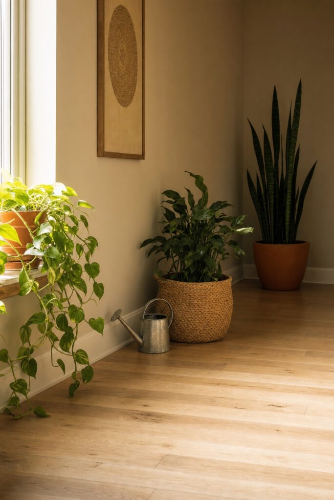 Boho living room plants placed at three distances from a window with the toughest species farthest away