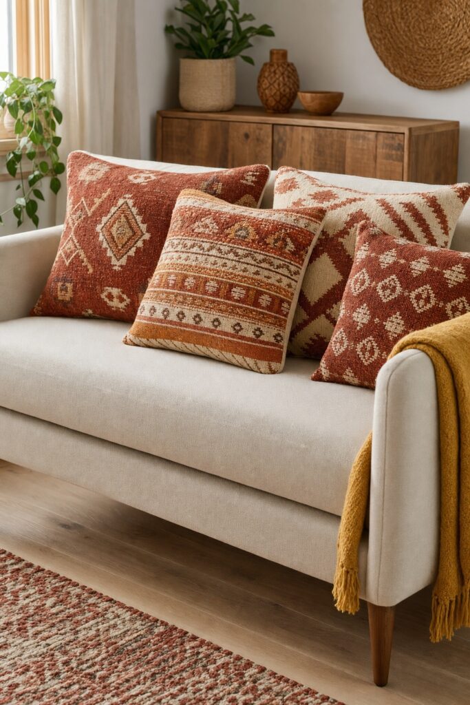 Plain cream boho sofa with exposed wooden legs carrying patterned rust and terracotta pillows