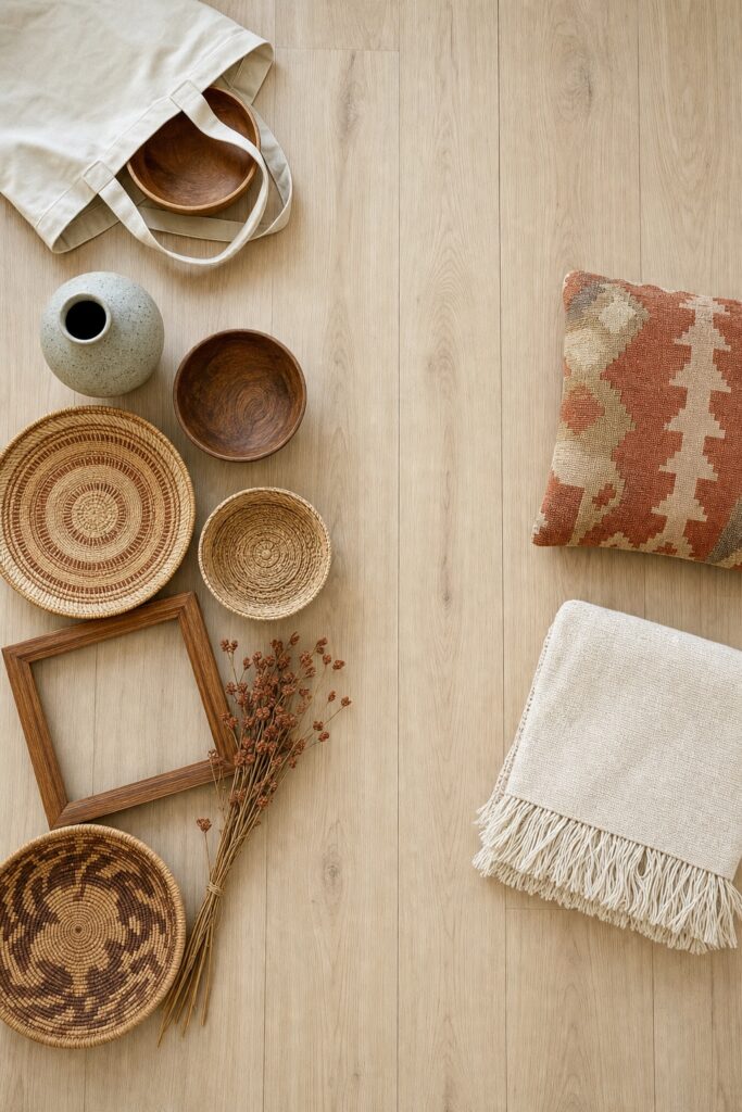 Thrifted boho finds sorted into hard objects worth buying secondhand and soft textiles to check first