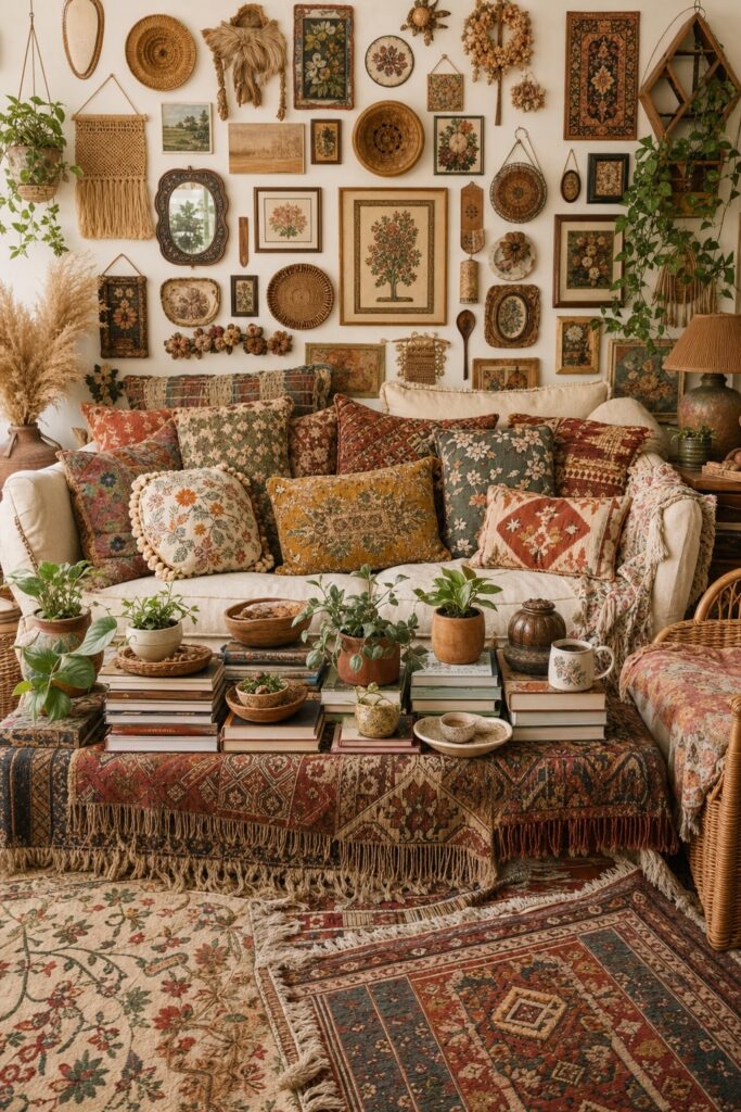 Boho living room where every surface is covered leaving no empty space between objects
