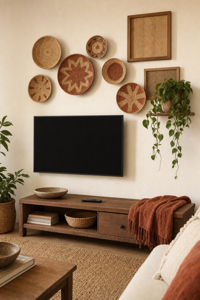Dark flat screen television absorbed into a boho wall arrangement of baskets and wooden frames