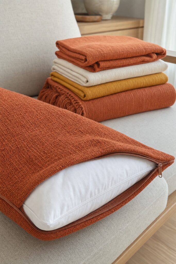 Cotton boho pillow covers being slipped off their inserts to show a hidden zip closure