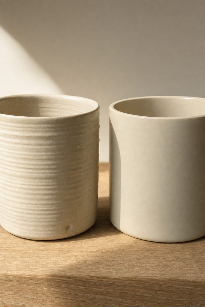 Hand thrown pot with uneven rim and throwing rings beside a perfectly smooth machine made pot