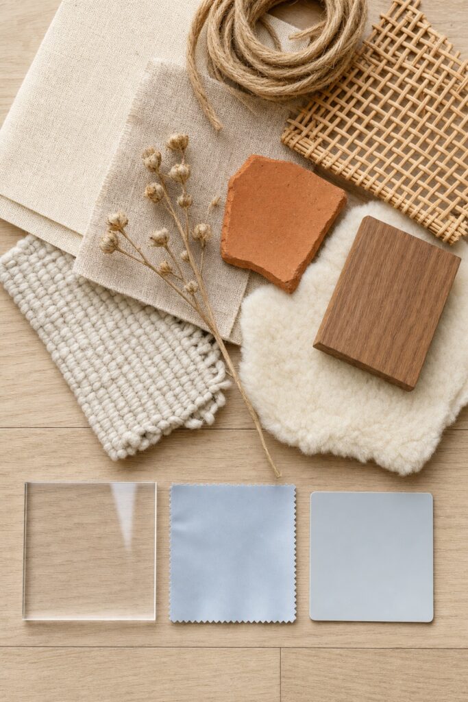 Flat lay comparing many natural material samples against a small group of synthetic ones