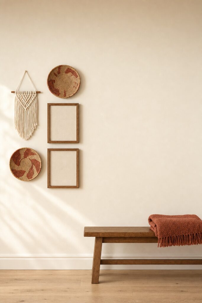Boho wall arrangement with a tight cluster of objects and a large deliberately empty wall beside it