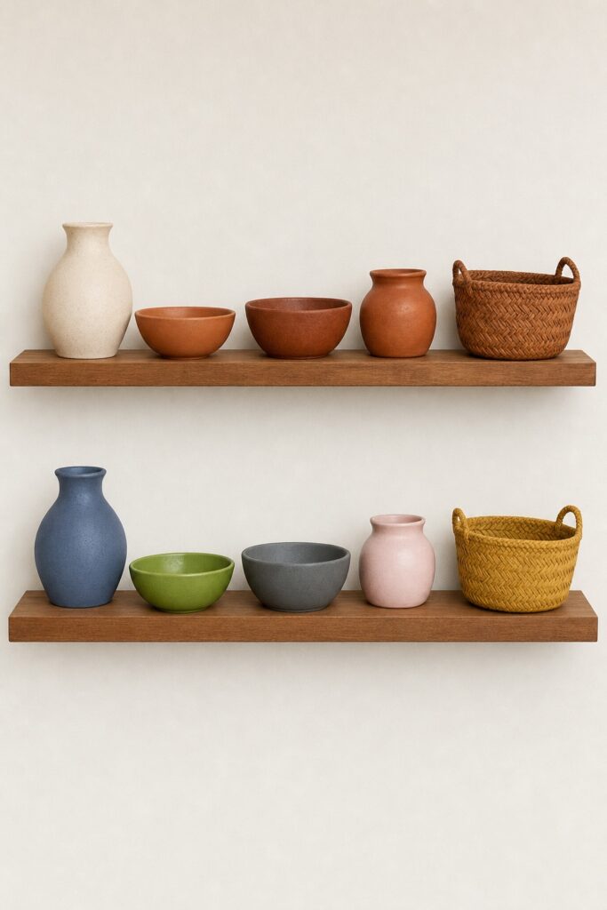 Two groups of boho objects compared one in a tight warm palette and one in scattered unrelated colors