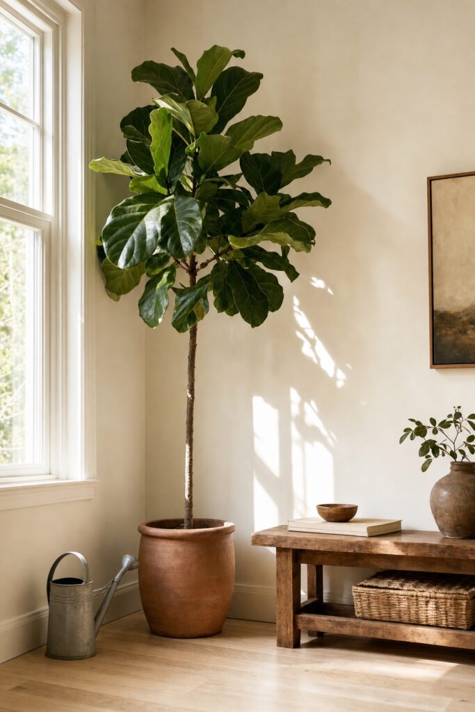 Tall structural plant filling an empty vertical corner in a boho room